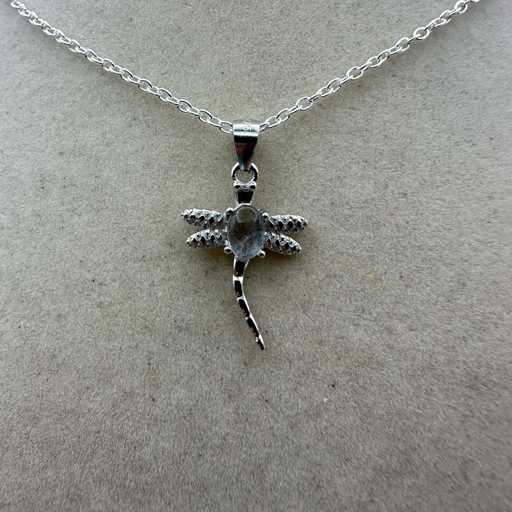 Silver Moonstone Dragonfly Pendant Necklace on Silver Plated Box Chain - Picture 3 of 12